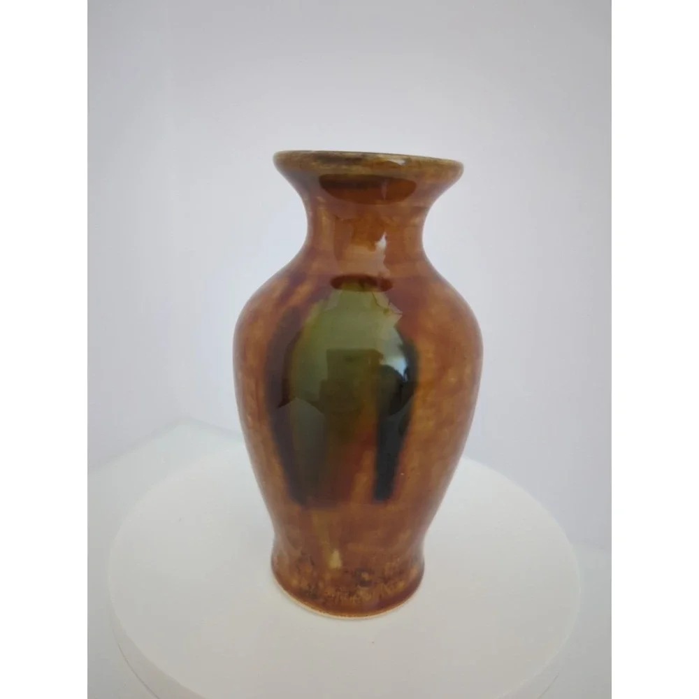 Handcrafted Glazed Ceramic Vase Earth Tone Drip Design Late 20th Century 4in